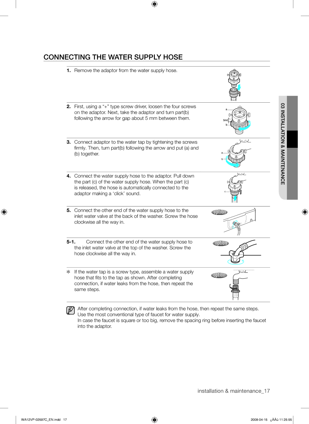 Samsung WA12V5JEC/XSV manual Connecting the Water Supply Hose 