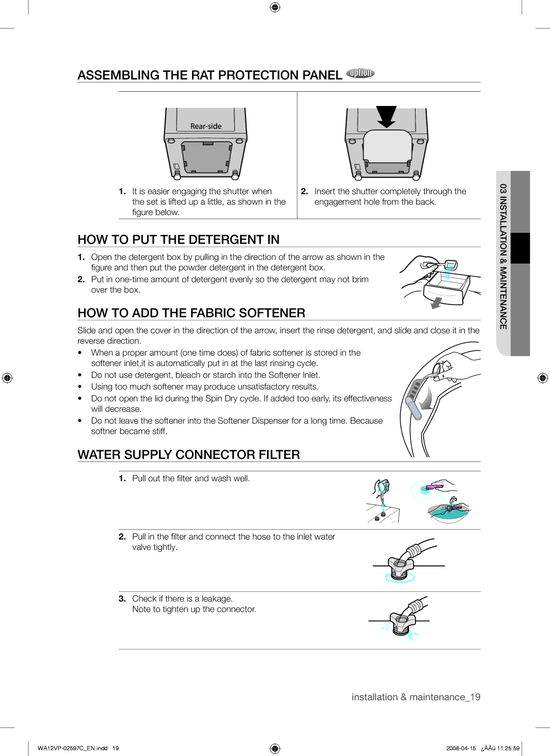 Samsung WA12V5JEC/XSV manual Assembling the RAT Protection Panel, HOW to PUT the Detergent, HOW to ADD the Fabric Softener 