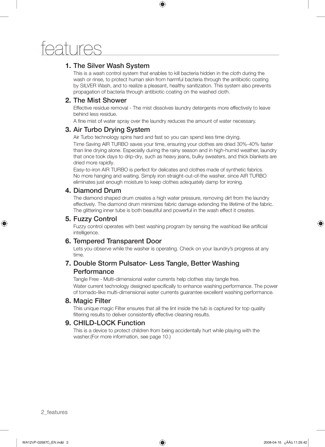 Samsung WA12V5JEC/XSV manual Features 