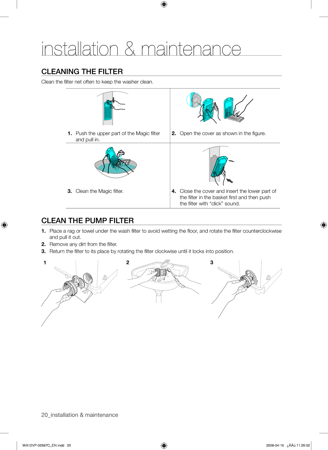 Samsung WA12V5JEC/XSV manual Cleaning the Filter, Clean the Pump Filter 