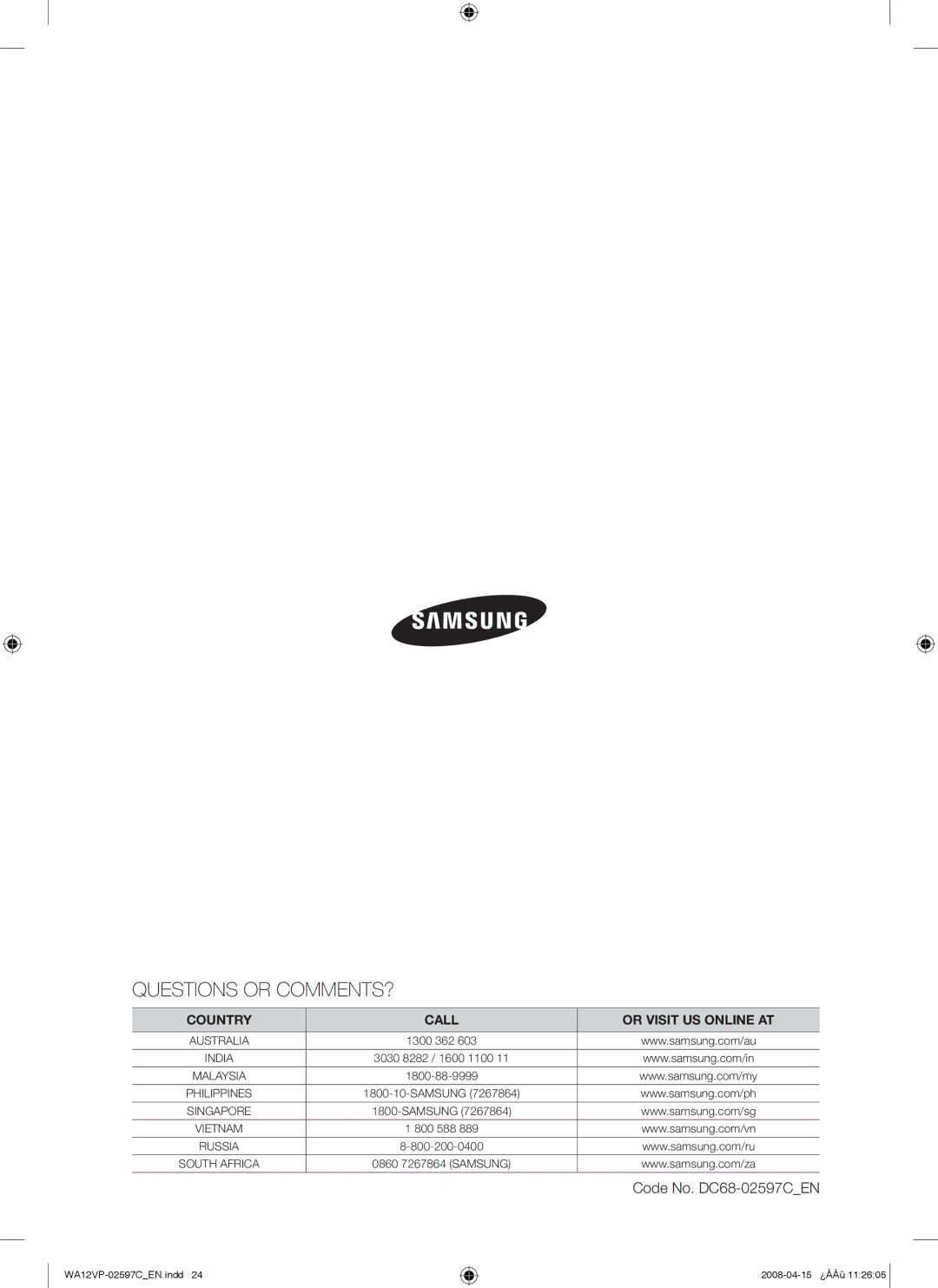 Samsung WA12V5JEC/XSV manual Questions or COMMENTS? 