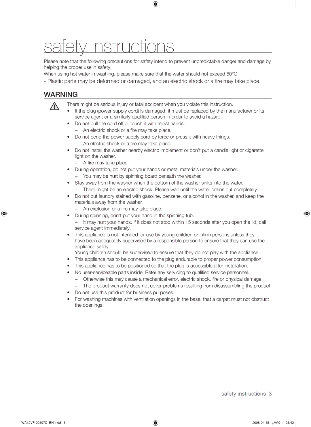 Samsung WA12V5JEC/XSV manual Safety instructions 