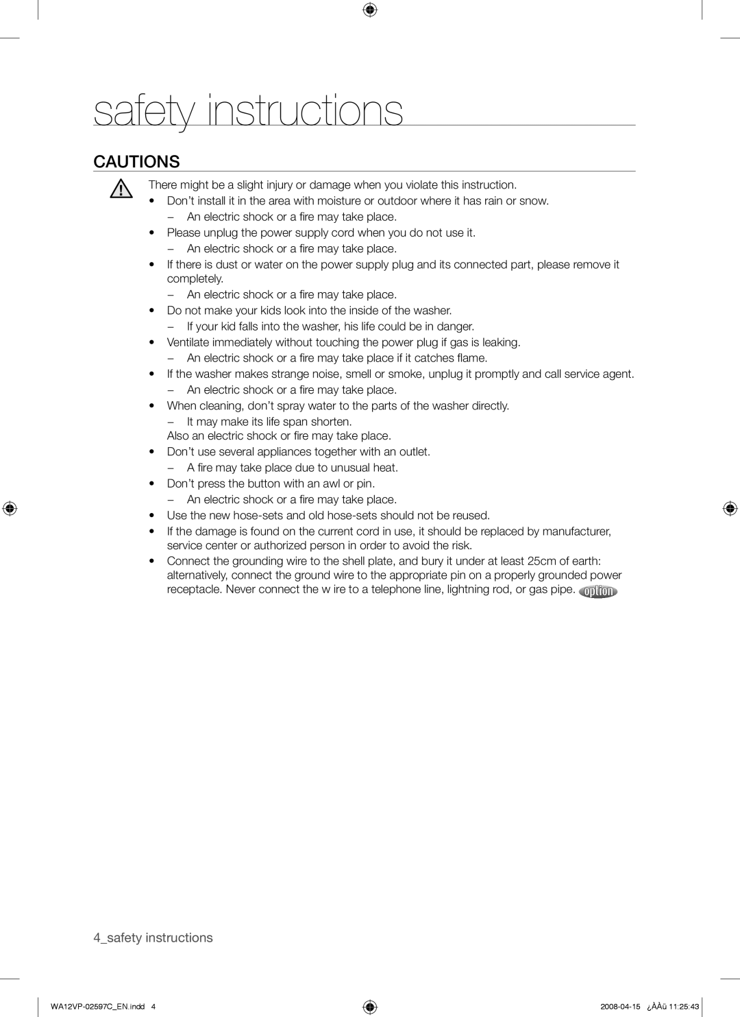 Samsung WA12V5JEC/XSV manual 4safety instructions 