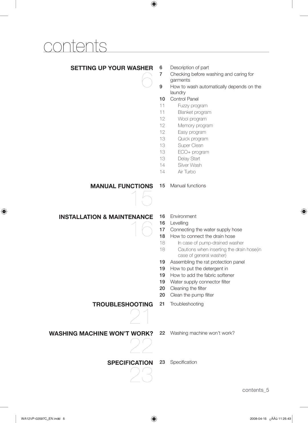 Samsung WA12V5JEC/XSV manual Contents 