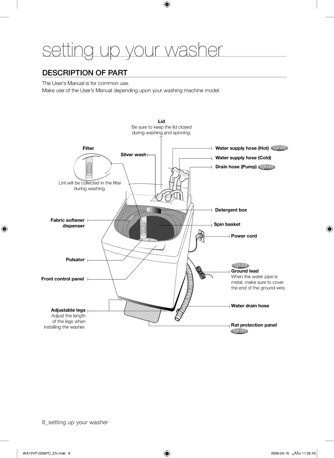 Samsung WA12V5JEC/XSV manual Setting up your washer, Description of Part 