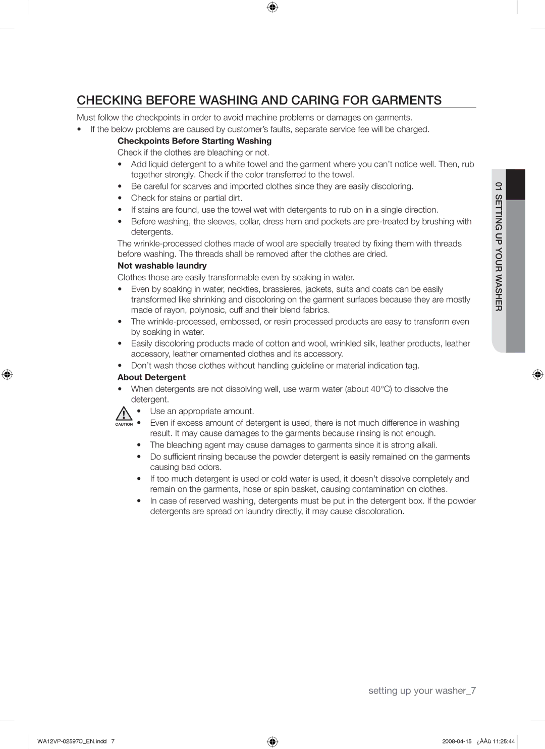 Samsung WA12V5JEC/XSV manual Checking Before Washing and Caring for Garments, Not washable laundry, About Detergent 