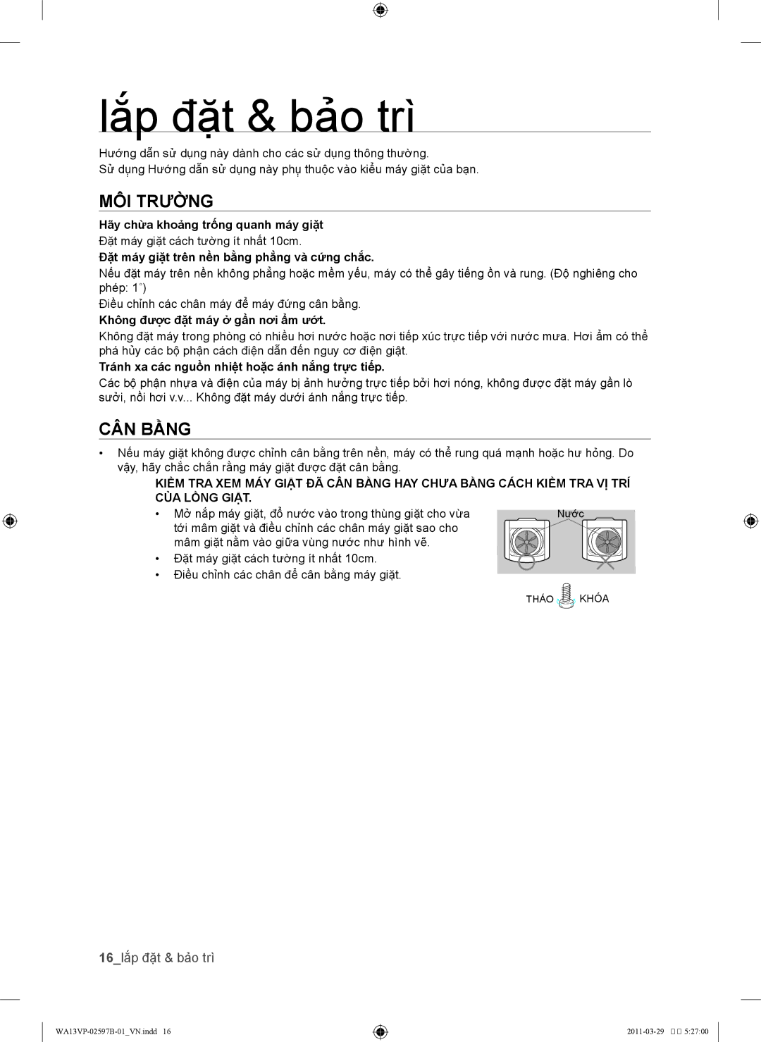 Samsung WA13VPYEC/XSV, WA12V9IEC/XSV manual Lắp đặt & bảo trì, Môi trường, Cân bằng, Không được đặt máy ở gần nơi ẩm ướt 