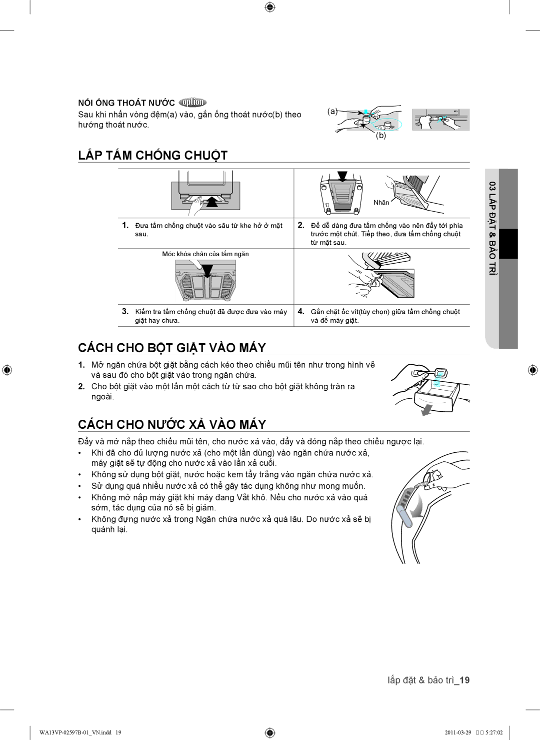 Samsung WA13VPLEC/XSV manual Lắp tấm chống chuộ̣t, Cách cho bột giặt vào máy, Cách cho nước xả vào máy, NỐI ỐNG Thoát Nước 