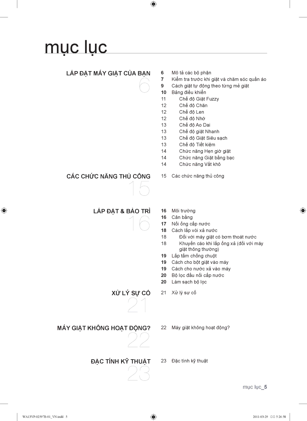 Samsung WA12V9IEC/XSV, WA13VPYEC/XSV, WA11VPYEC/XSV, WA11VPLEC/XSV, WA13VPLEC/XSV manual Mục lục, Lắp đặt máy giặt của bạn 