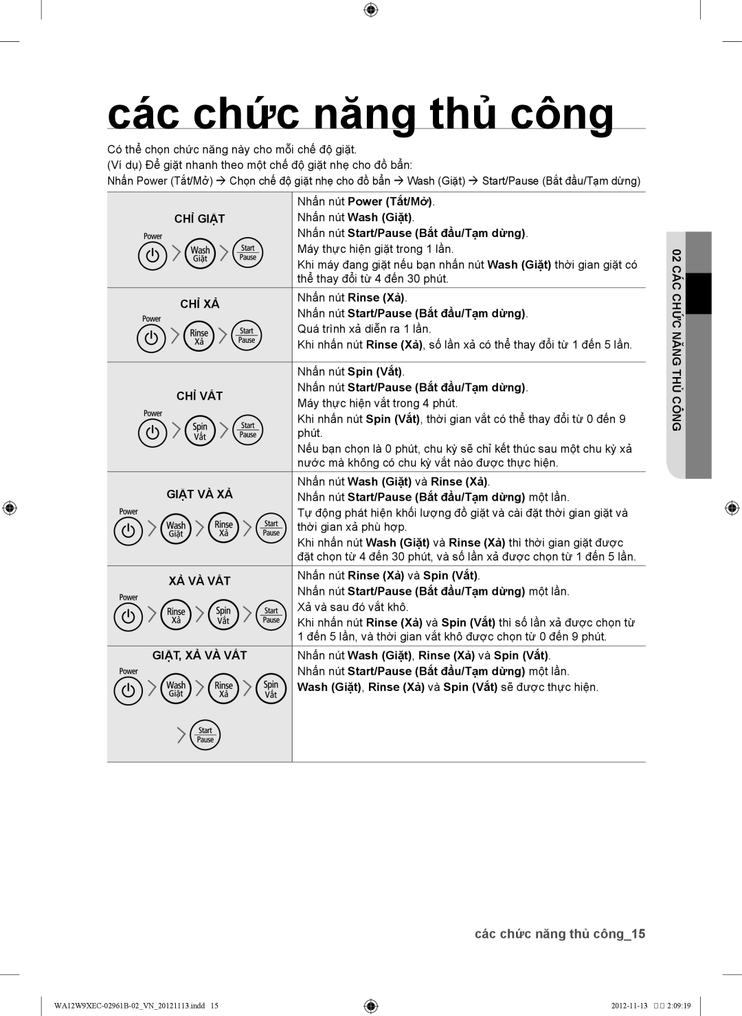 Samsung WA12W9XEC/XSV, WA12W9XEC1/XSV, WA11W9IEC/XSV, WA11W9QEC/XSV manual Các chứ́c năng thủ công 