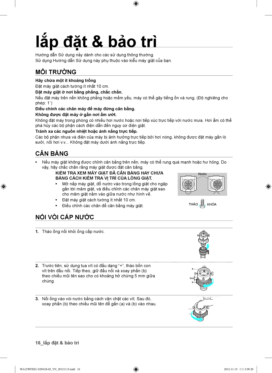 Samsung WA12W9XEC1/XSV, WA11W9IEC/XSV, WA11W9QEC/XSV manual Lắ́p đặt & bảo trì, Môi trường, Cân bằng, Nối vòi cấp nước 