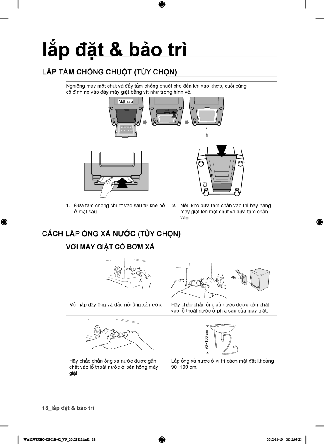 Samsung WA11W9QEC/XSV, WA12W9XEC1/XSV Lắp tấm chống chuộ̣t tùychọn, Cách lắp ống xả nước tùy chọn, VỚI MÁY Giặt CÓ́ BƠM XẢ 