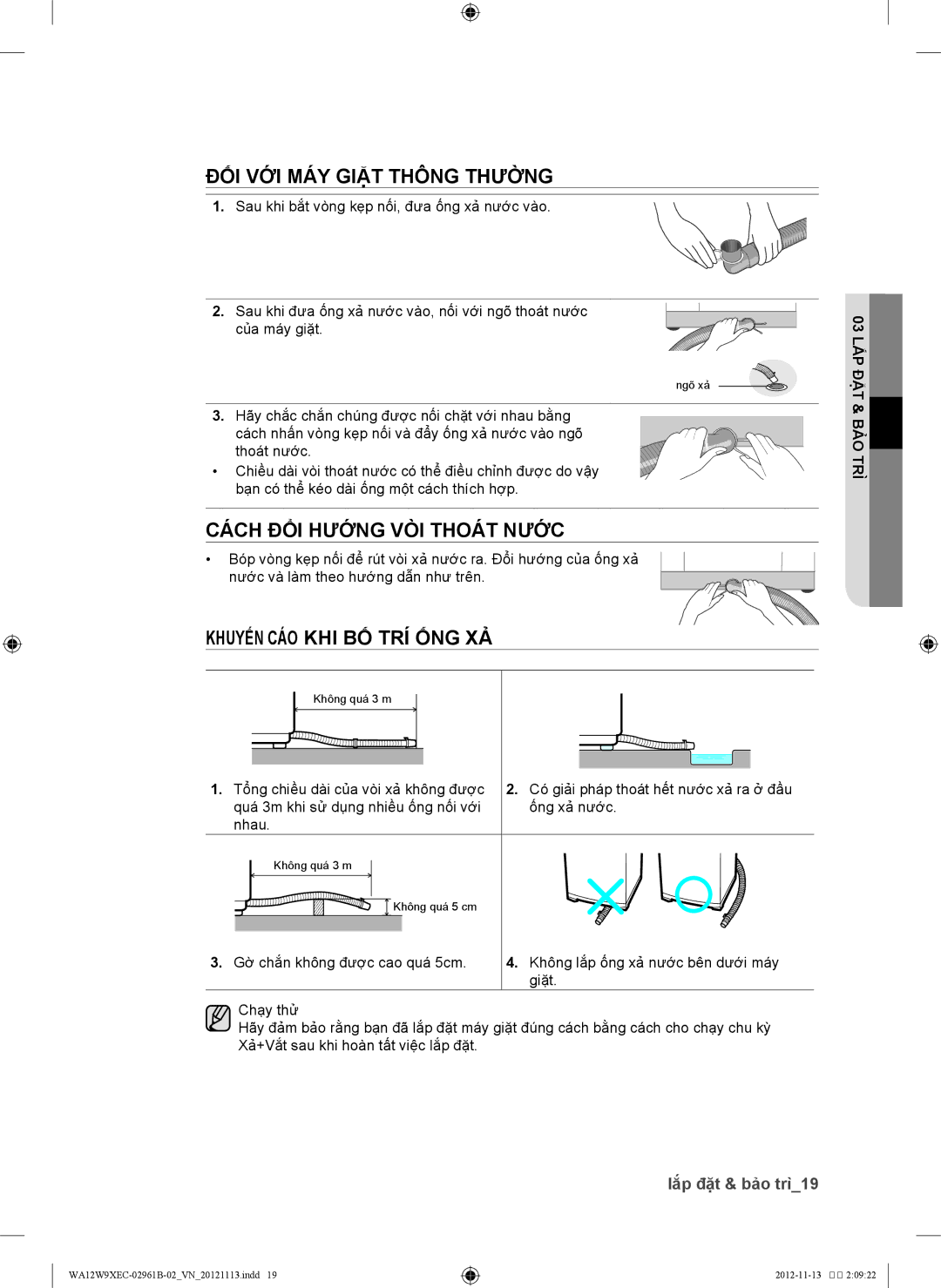 Samsung WA12W9XEC/XSV manual ĐỐI VỚI MÁY Giặt Thông Thường, Các đổi hướg vò thoá nướ, Khuyến CÁO KHI BỐ TRÍ ỐNG XẢ 