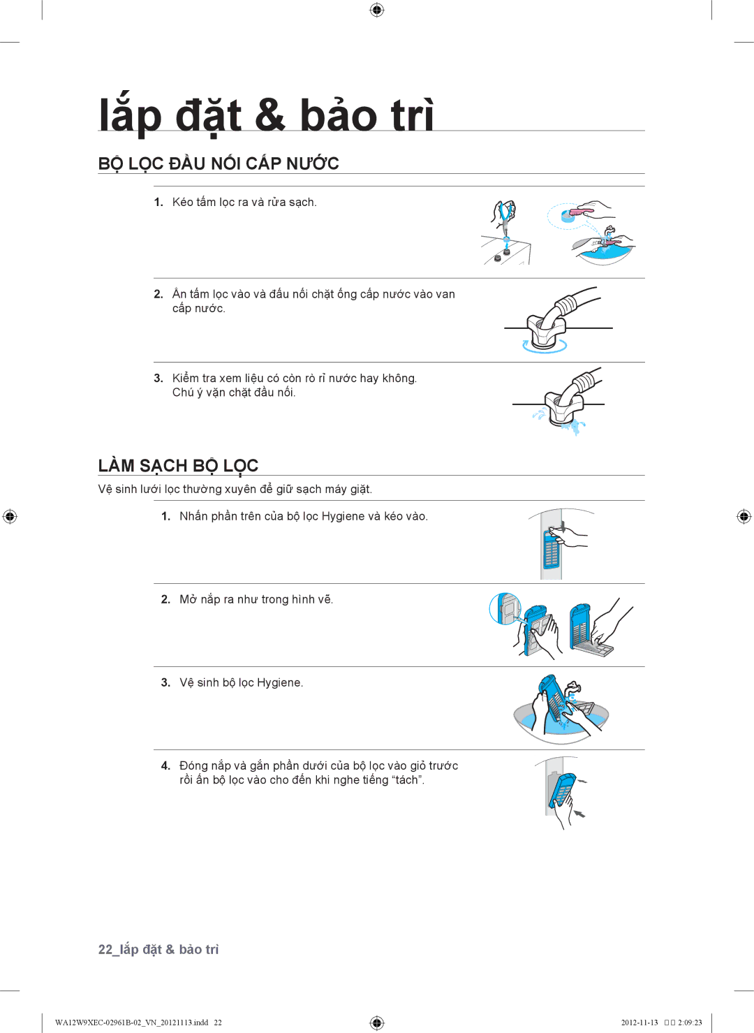 Samsung WA11W9QEC/XSV, WA12W9XEC1/XSV, WA11W9IEC/XSV, WA12W9XEC/XSV manual Bộ lọc đầu nối cấp nước, Làm sạch bộ lọ̣c 