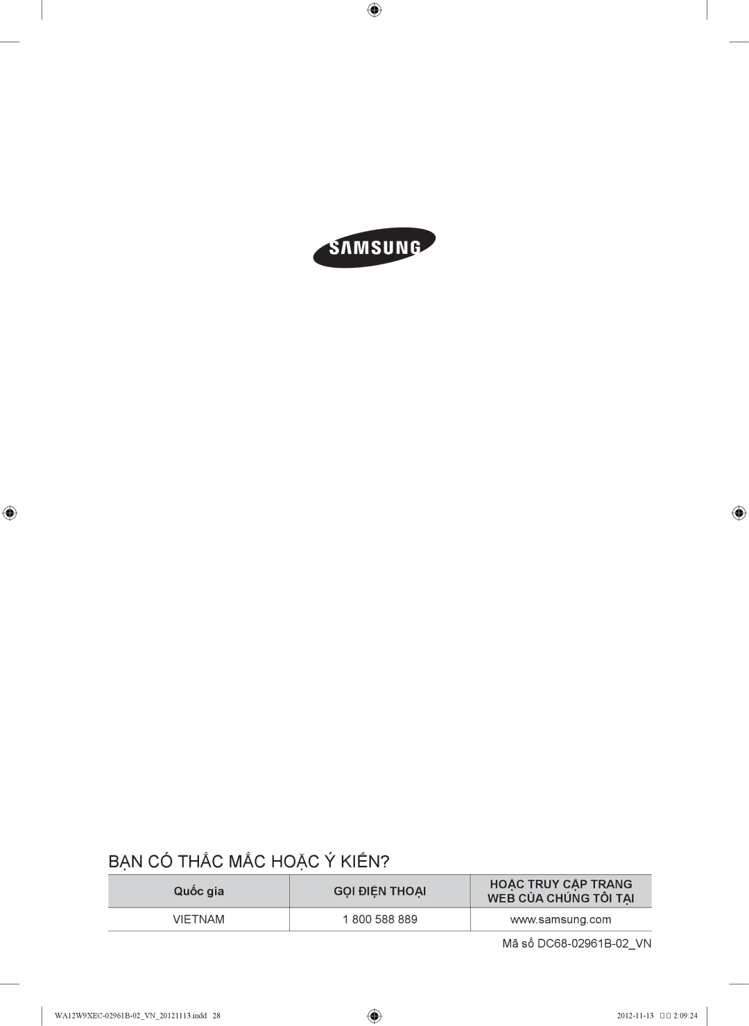 Samsung WA12W9XEC1/XSV, WA11W9IEC/XSV, WA11W9QEC/XSV, WA12W9XEC/XSV manual Quốc gia, 800 588 