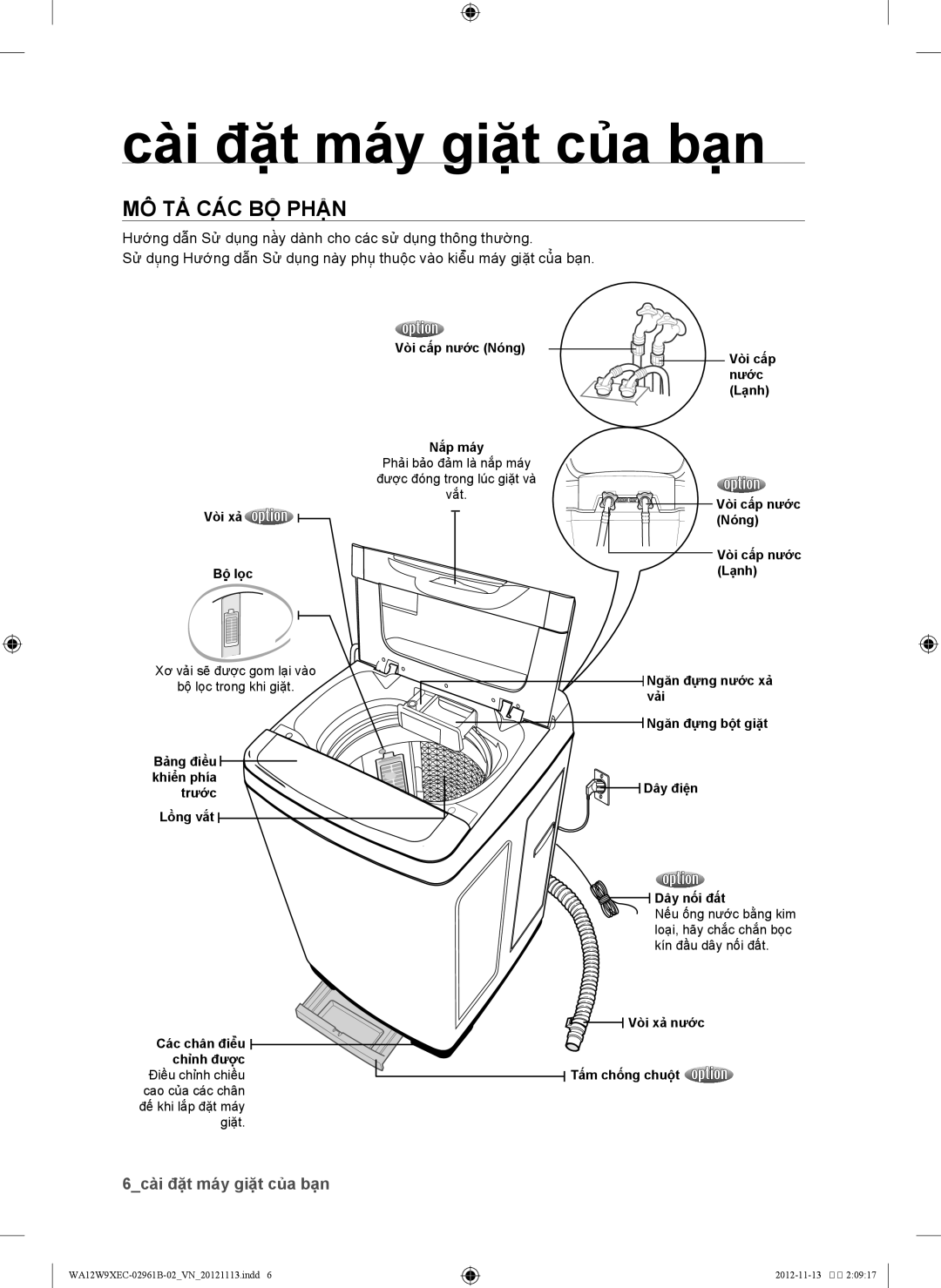 Samsung WA11W9QEC/XSV, WA12W9XEC1/XSV, WA11W9IEC/XSV, WA12W9XEC/XSV manual Cài đặt máy giặt của bạn, Mô tả các bộ phận 