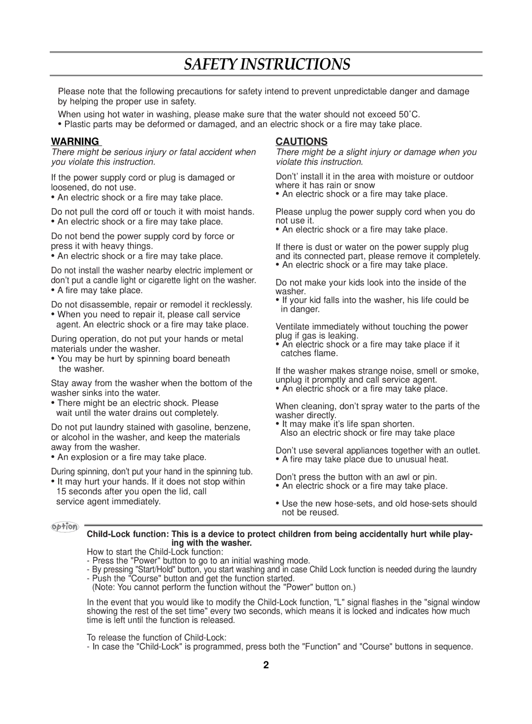 Samsung WA13G2Q1DY/YL, WA13G2Q1IW/YAJ, WA13G2Q1EW/XSG, WA13G2Q1DW/YL, WA13G2Q1FW/YL manual Safety Instructions 