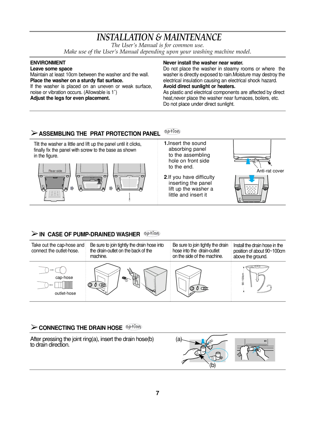 Samsung WA13G2Q1DY/YL manual Installation & Maintenance, Assembling the Prat Protection Panel, Case of PUMP-DRAINED Washer 