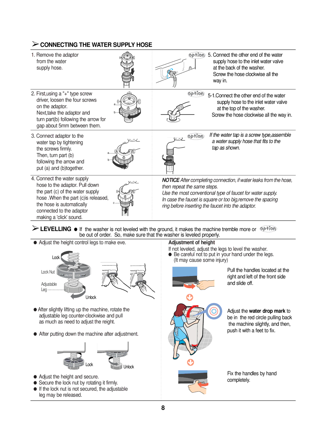 Samsung WA13G2Q1FW/YL, WA13G2Q1IW/YAJ Connecting the Water Supply Hose, Next,take the adaptor, Connect the water supply 