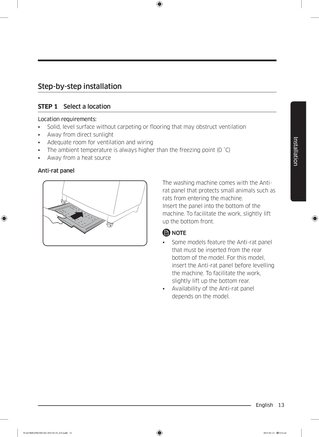 Samsung WA14J6750SP/YL, WA13J6730SW/YL, WA11J6730SS/YL, WA11J6730SW/YL manual Step-by-step installation, Select a location 