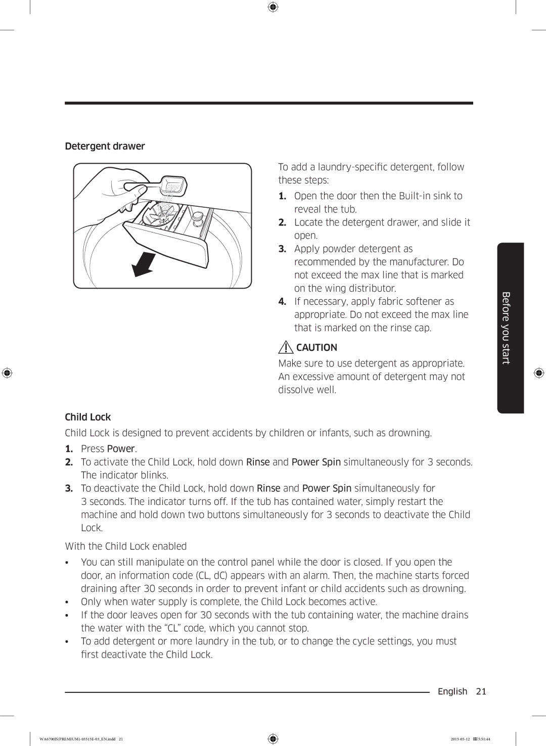 Samsung WA13J6730SW/YL, WA11J6730SS/YL, WA11J6730SW/YL, WA13J6730SP/YL, WA15J6750SP/YL, WA16J6750SP/YL manual Before you start 