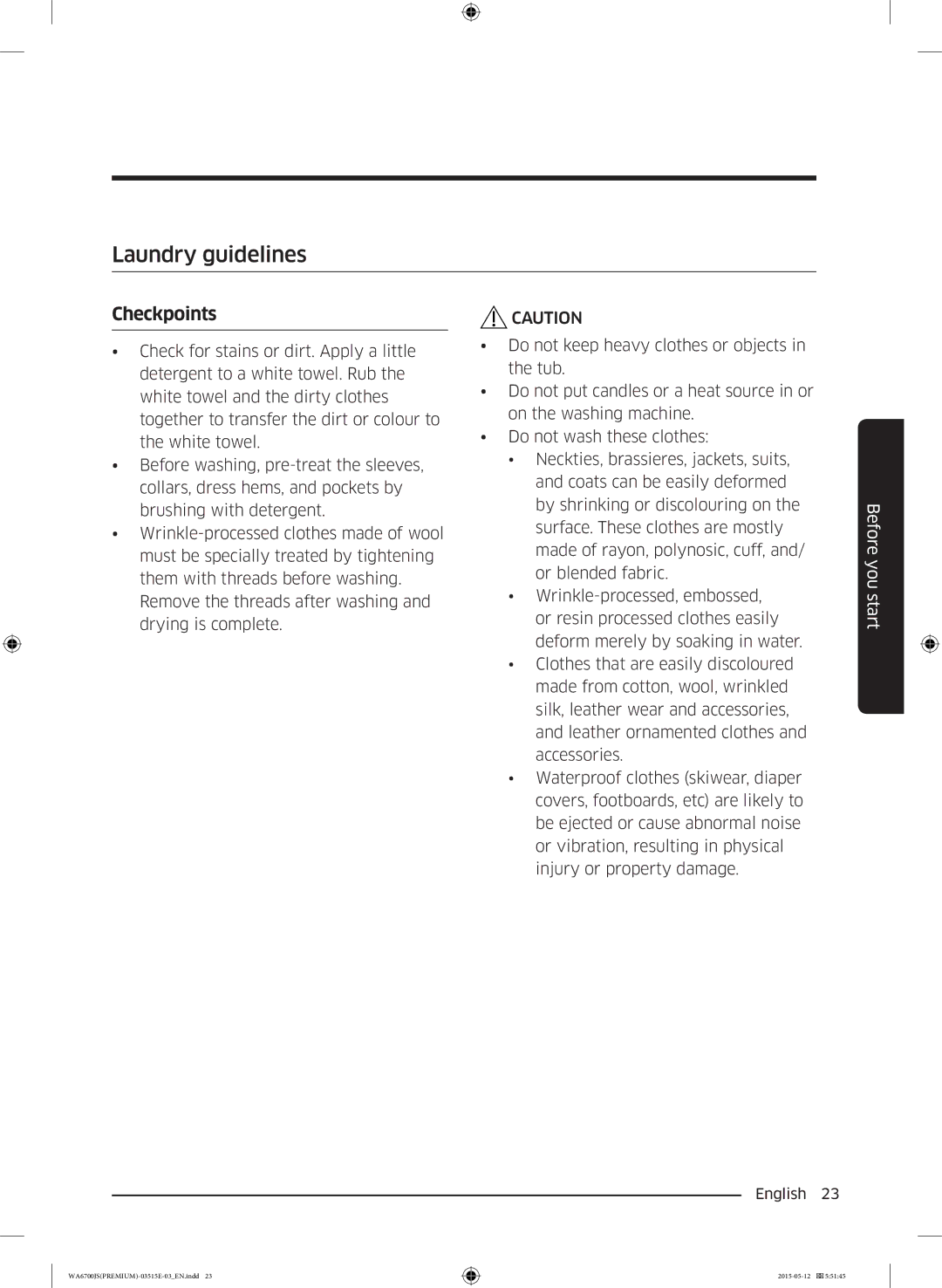 Samsung WA11J6730SW/YL, WA13J6730SW/YL, WA11J6730SS/YL, WA13J6730SP/YL, WA15J6750SP/YL manual Laundry guidelines, Checkpoints 