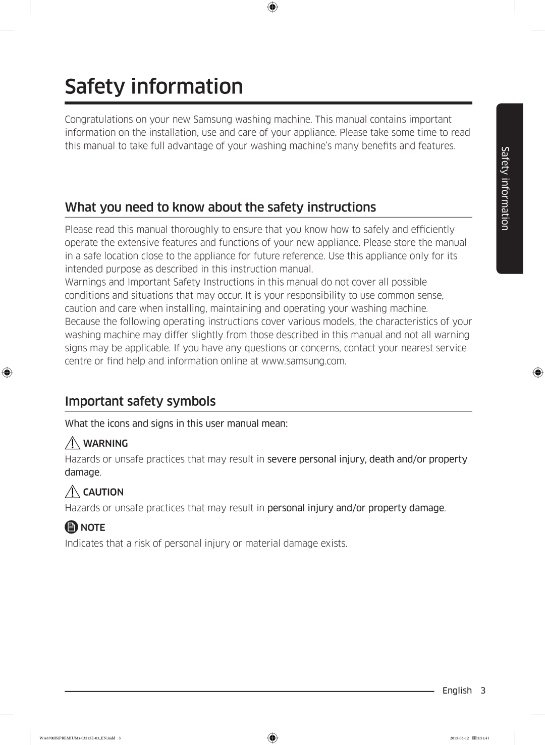 Samsung WA13J6730SP/YL, WA13J6730SW/YL, WA11J6730SS/YL, WA11J6730SW/YL, WA15J6750SP/YL, WA16J6750SP/YL manual Safety information 