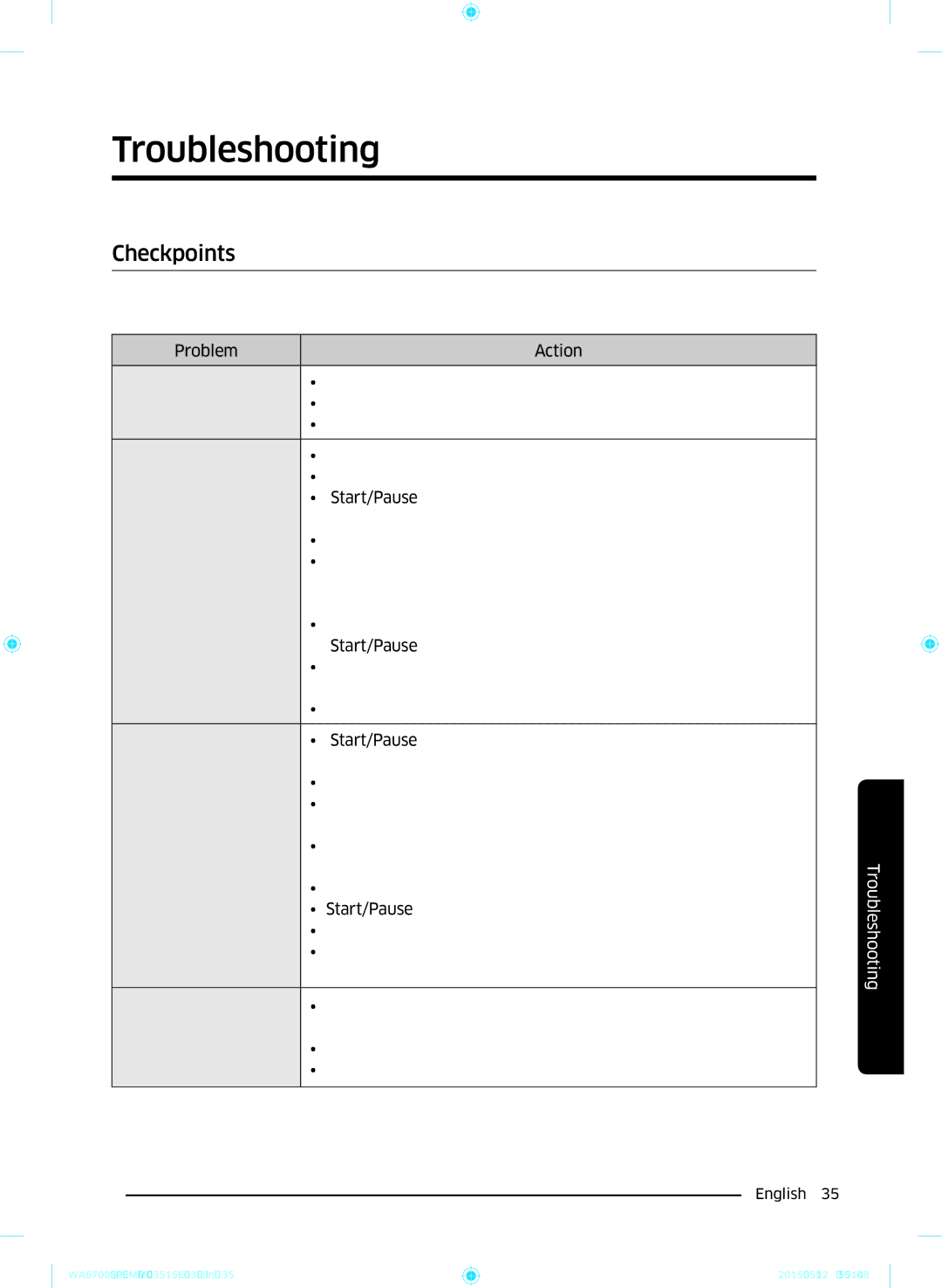 Samsung WA13J6730SW/YL, WA11J6730SS/YL, WA11J6730SW/YL, WA13J6730SP/YL, WA15J6750SP/YL manual Troubleshooting, Checkpoints 