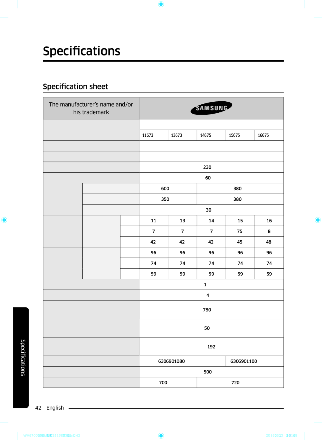 Samsung WA13J6730SW/YL, WA11J6730SS/YL, WA11J6730SW/YL, WA13J6730SP/YL, WA15J6750SP/YL Specifications, Specification sheet 