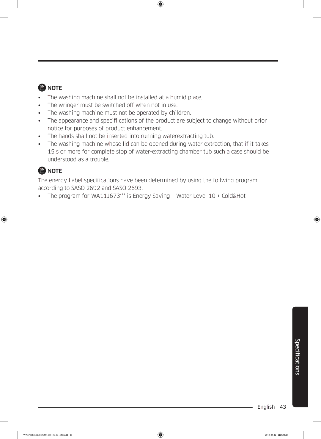 Samsung WA11J6730SS/YL, WA13J6730SW/YL, WA11J6730SW/YL, WA13J6730SP/YL, WA15J6750SP/YL, WA16J6750SP/YL manual FicationsSpeci 