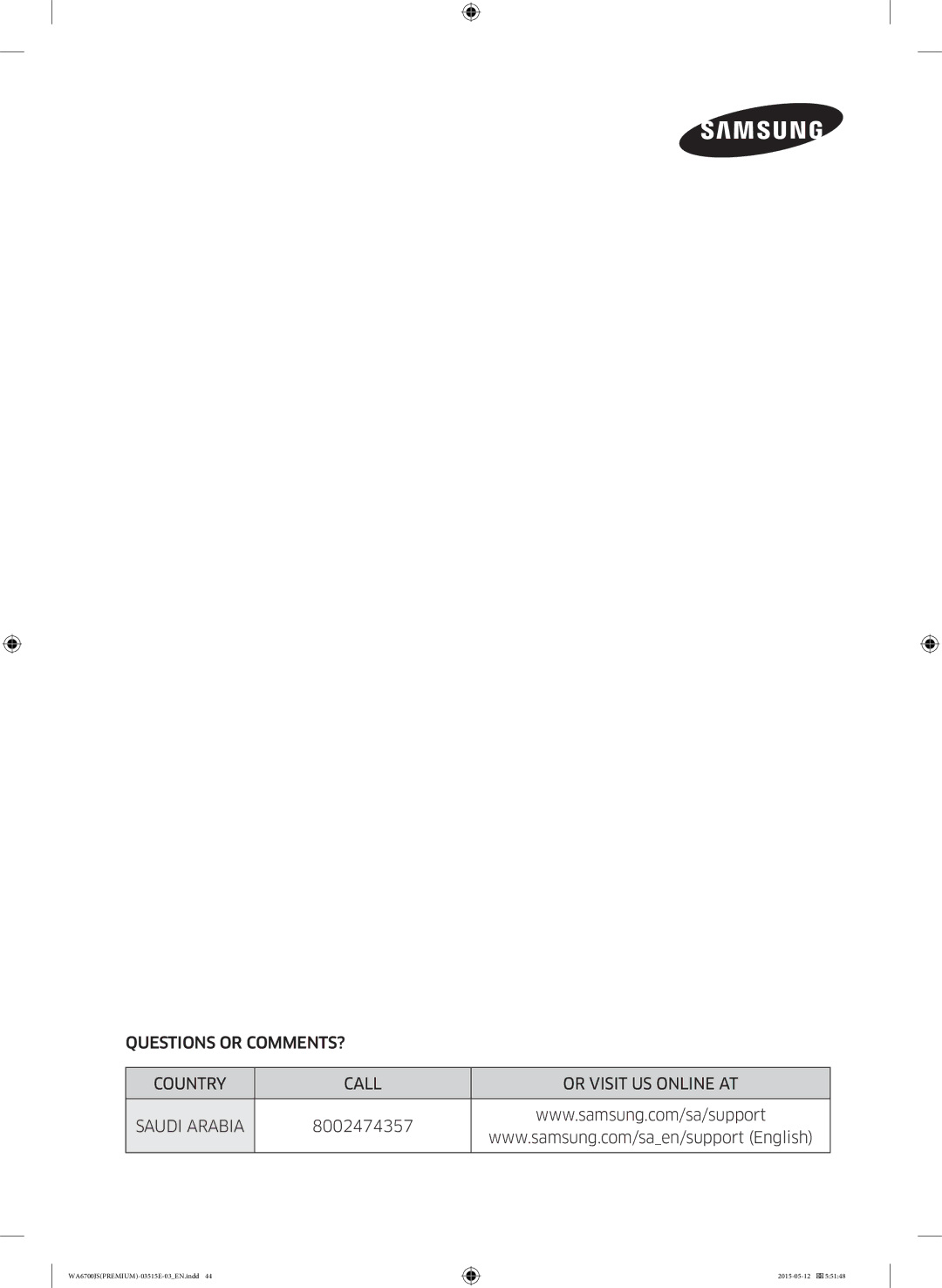 Samsung WA11J6730SW/YL, WA13J6730SW/YL, WA11J6730SS/YL manual Questions or COMMENTS? Country Call Or Visit US Online AT 