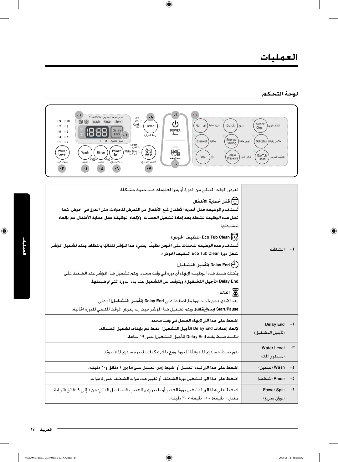 Samsung WA11J6730SS/YL, WA13J6730SW/YL, WA11J6730SW/YL manual تايلمعلا, مكحتلا ةحول, ليغشتلا ليجأت Delay End, ةلالحا 