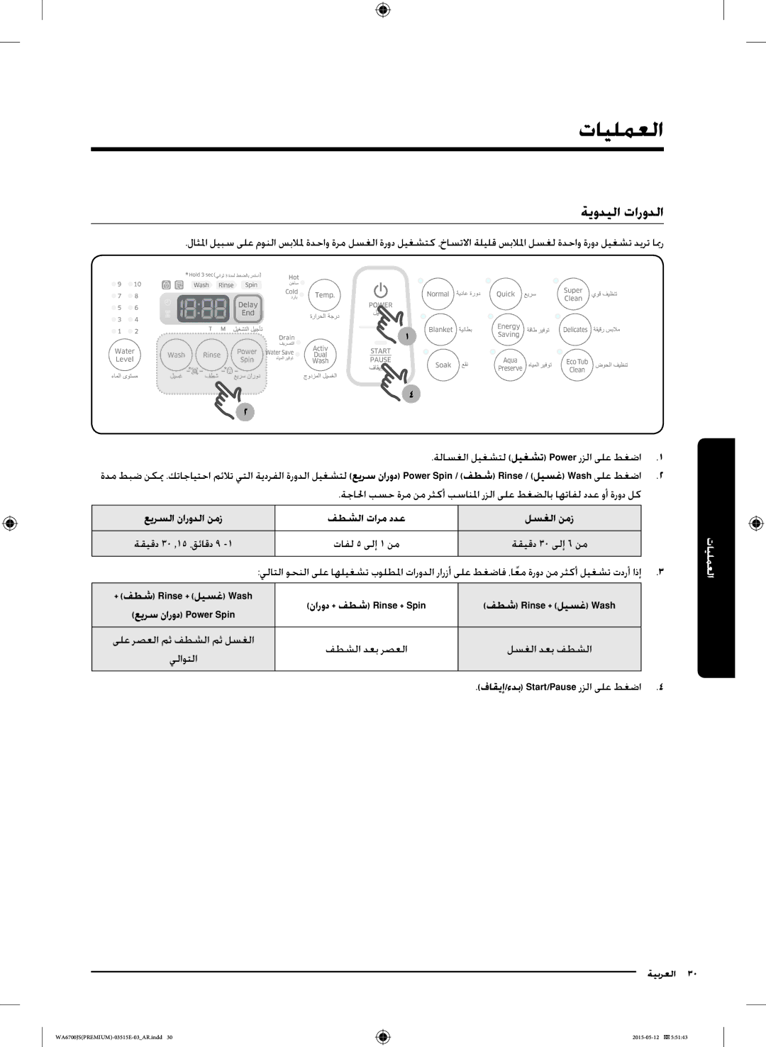 Samsung WA15J6750SP/YL, WA13J6730SW/YL, WA11J6730SS/YL ةيوديلا تارودلا, فطشلا تارم ددع لسغلا نمز, فطش Rinse + ليسغ Wash 