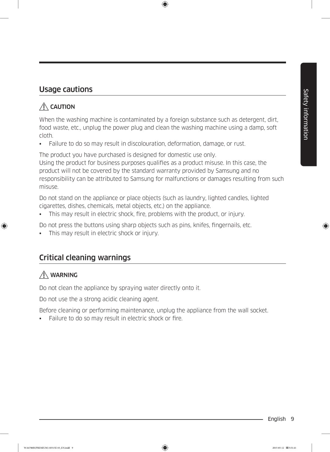 Samsung WA11J6730SW/YL, WA13J6730SW/YL, WA11J6730SS/YL, WA13J6730SP/YL manual Usage cautions, Critical cleaning warnings 