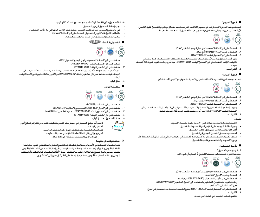 Samsung WA13RAQ3EW/XSG, WA13RAQ3FW/YL manual ةضفلاب ليسغلا, ضولحا فيظنت, افيظن ضولحاب ظفتحا, عيرسةرودلا , فوص ةرودلا  