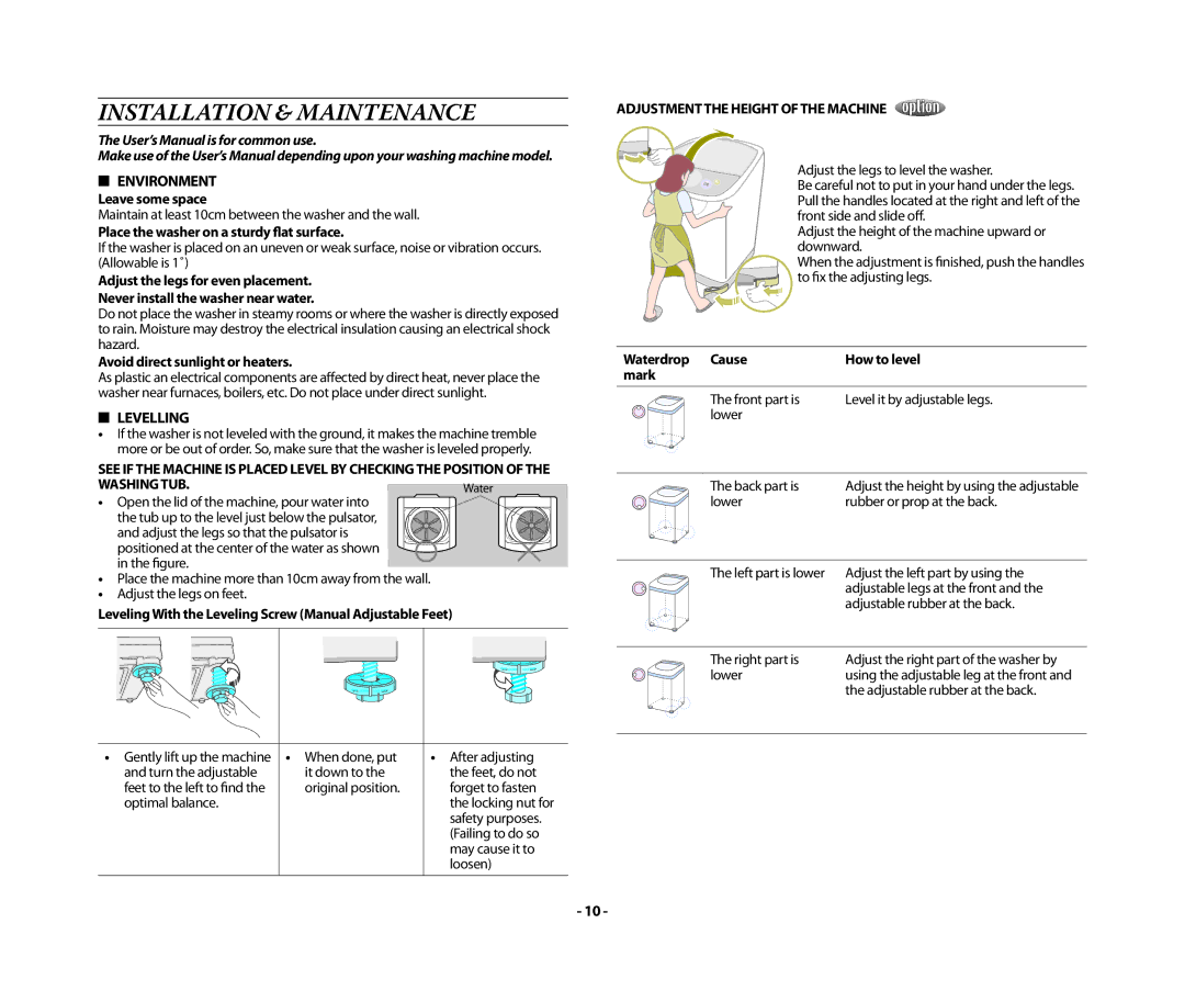 Samsung WA13RAQ3DW/YL manual Installation & Maintenance, Environment, Levelling, Adjustment the Height of the Machine 