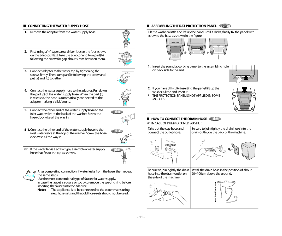 Samsung WA13RAQ3IW/XSG Connecting the Water Supply Hose, Assembling the RAT Protection Panel, Case of PUMP-DRAINED Washer 