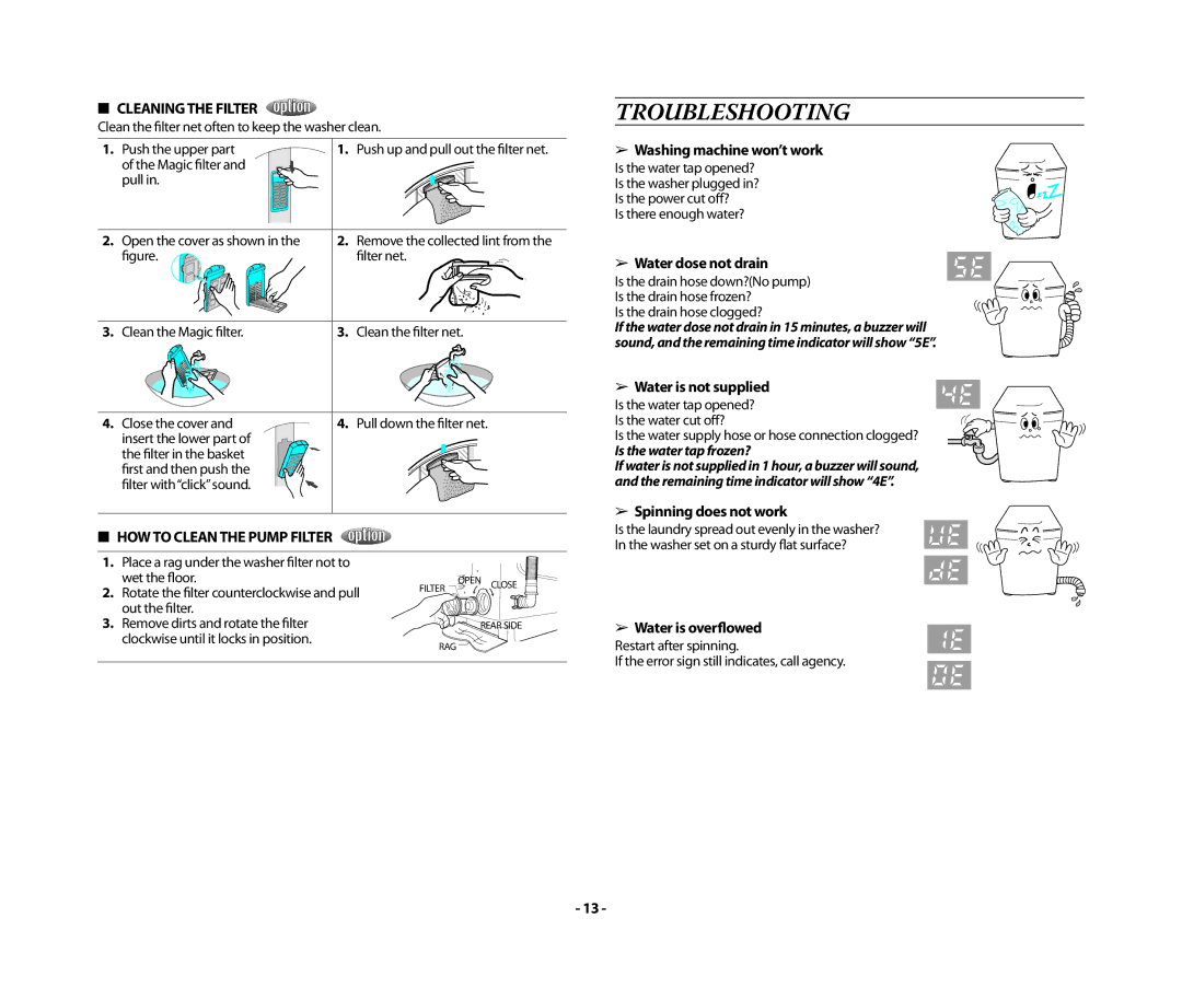 Samsung WA15QAKFP/YL, WA13RAQ3FW/YL, WA13RAQ3EW/XSG manual Troubleshooting, Cleaning the Filter, HOW to Clean the Pump Filter 