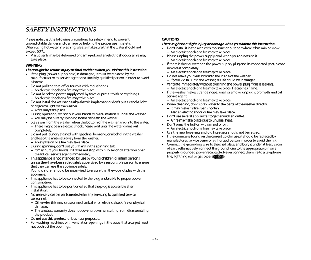 Samsung WA13RAN3IW/XSG, WA13RAQ3FW/YL, WA15QAKFP/YL, WA13RAQ3EW/XSG, WA13RAQ3DW/YL, WA13RAQ3IW/XSG manual Safety Instructions 