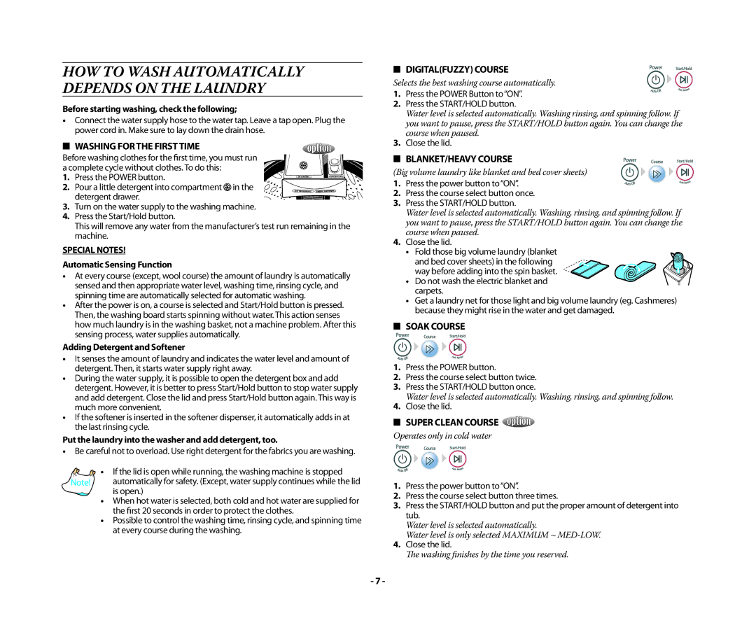 Samsung WA15QAKFP/YL Washing for the First Time, Digitalfuzzy Course, BLANKET/HEAVY Course, Soak Course, Special Notes 