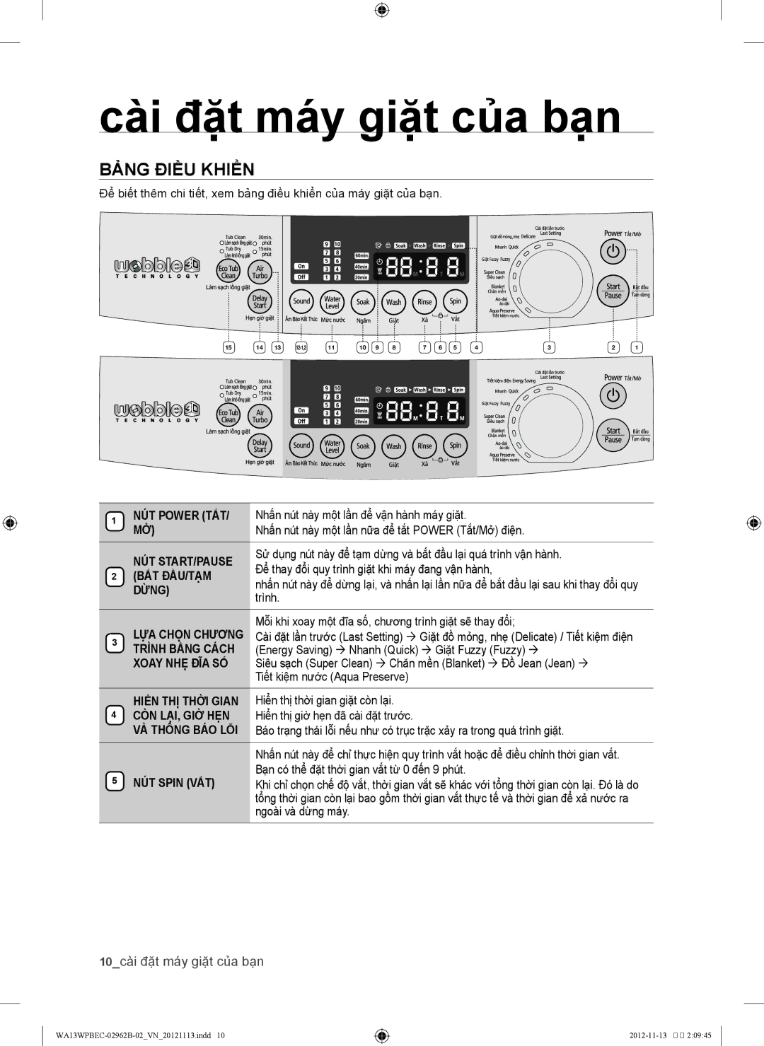 Samsung WA13WPBEC1/XSV, WA13WPBEC/XSV manual Bảng điều khiển, 10cài đặt máy giặt của bạn 