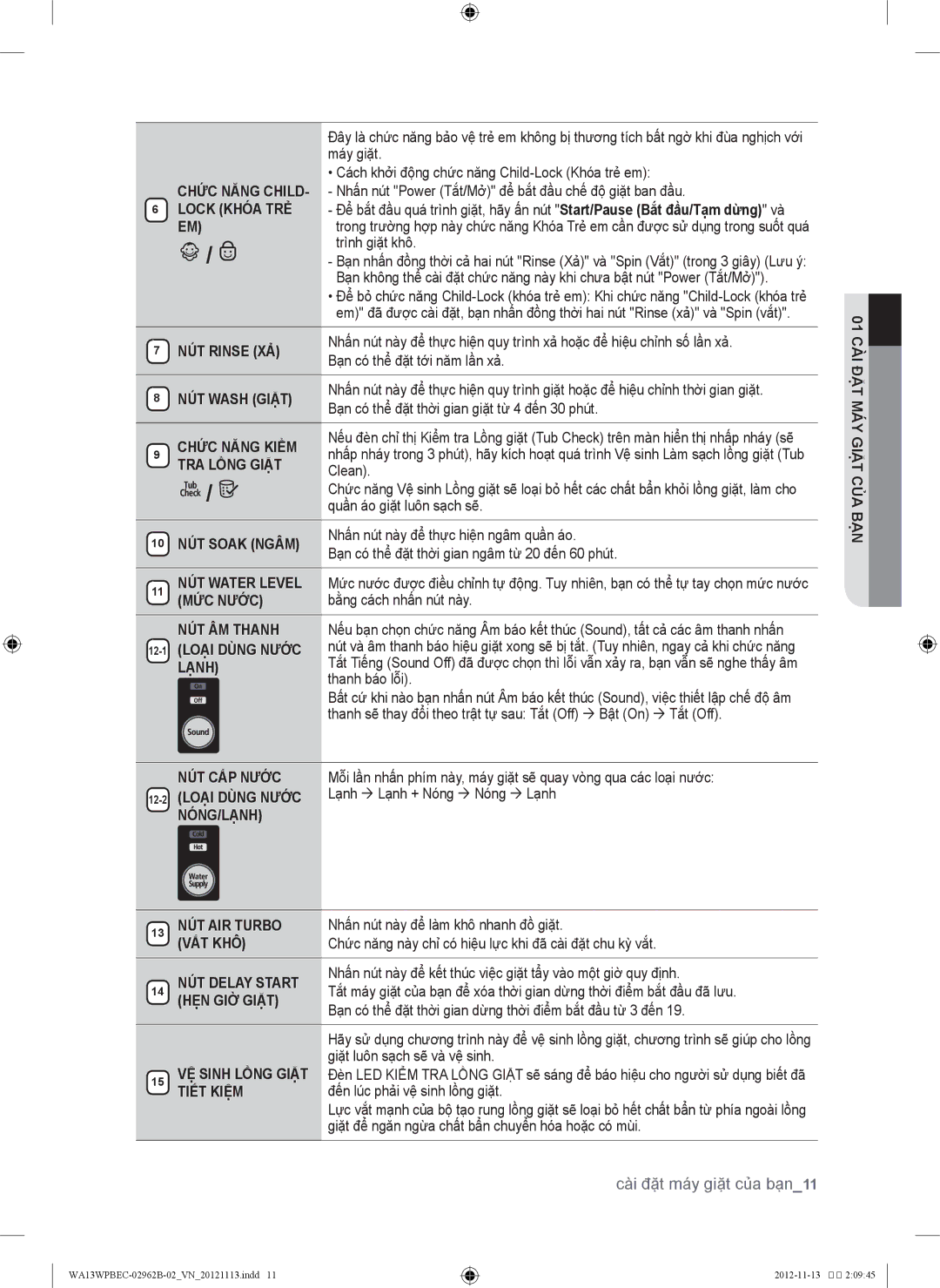 Samsung WA13WPBEC/XSV, WA13WPBEC1/XSV manual Cài đặt máy giặt của bạn11 