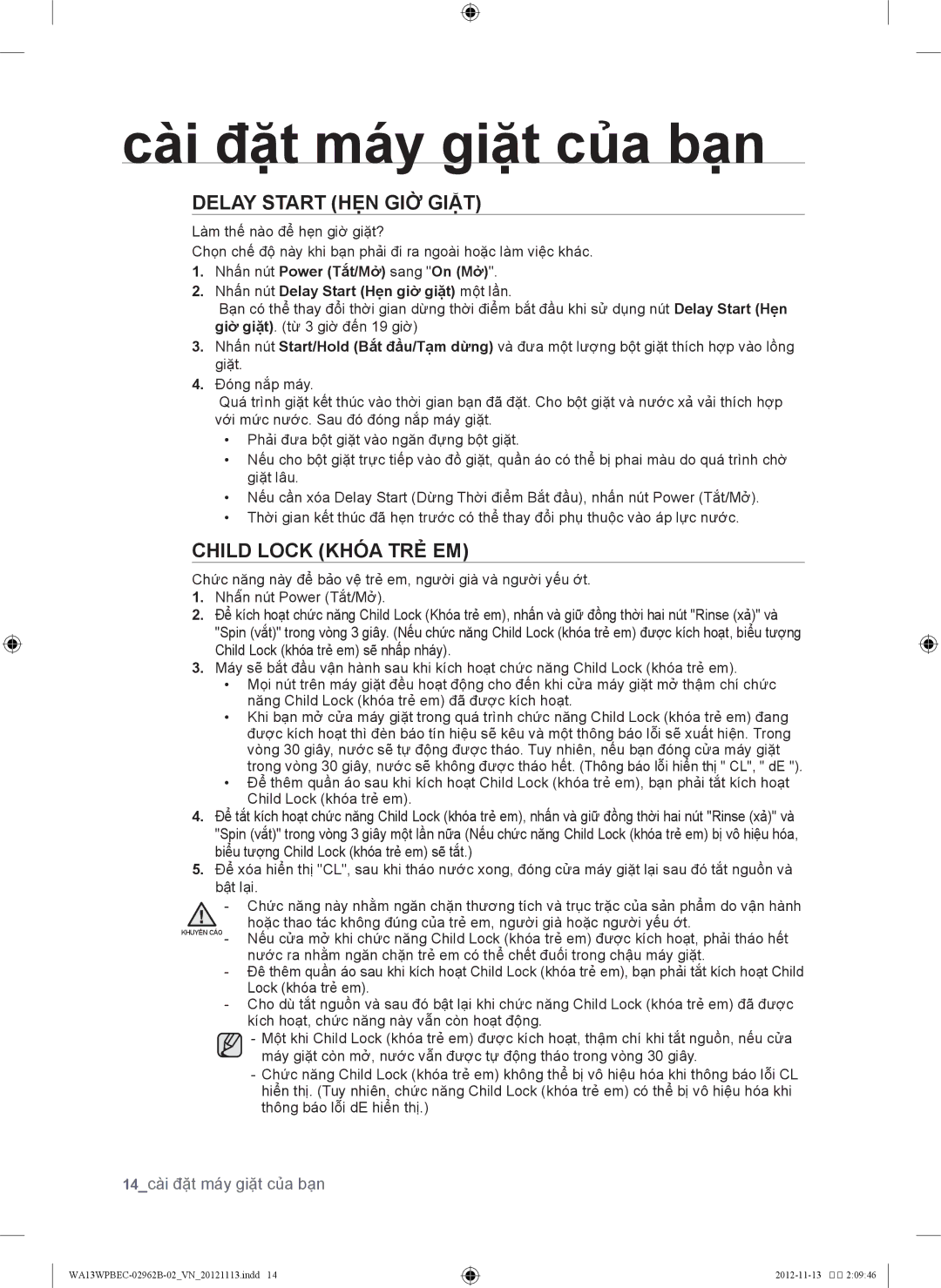 Samsung WA13WPBEC1/XSV, WA13WPBEC/XSV manual Delay Start HẸN GIỜ Giặt, Child Lock khóa trẻ em, 14cài đặt máy giặt của bạn 