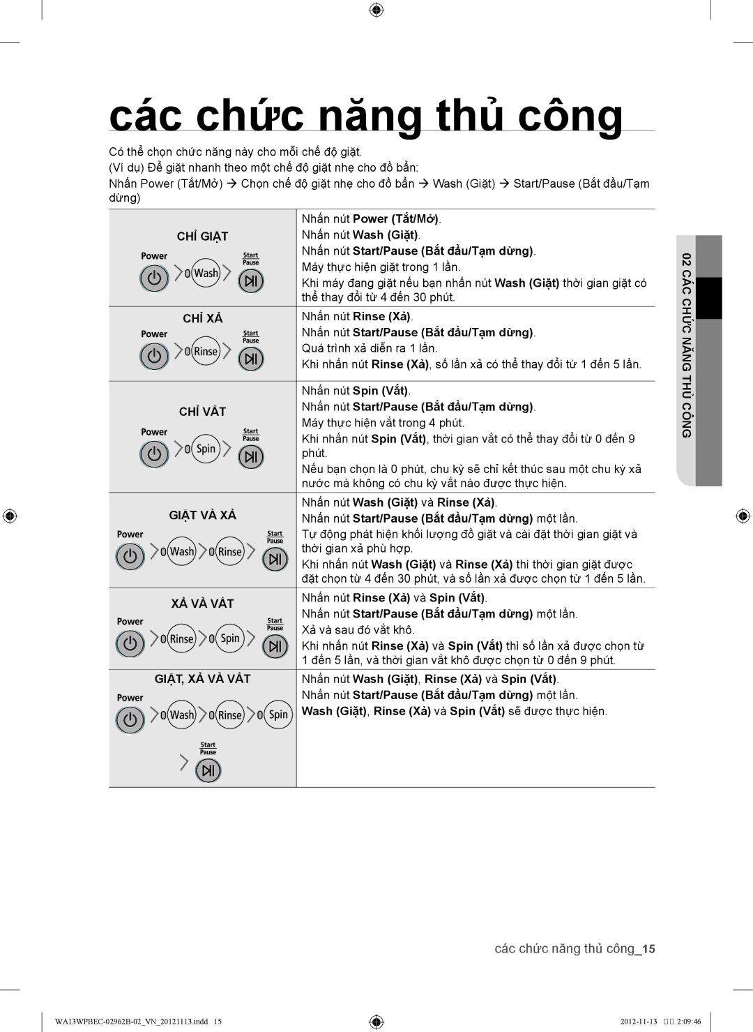 Samsung WA13WPBEC/XSV, WA13WPBEC1/XSV manual Các chứ́c năng thủ công, Các chức năng thủ công15 