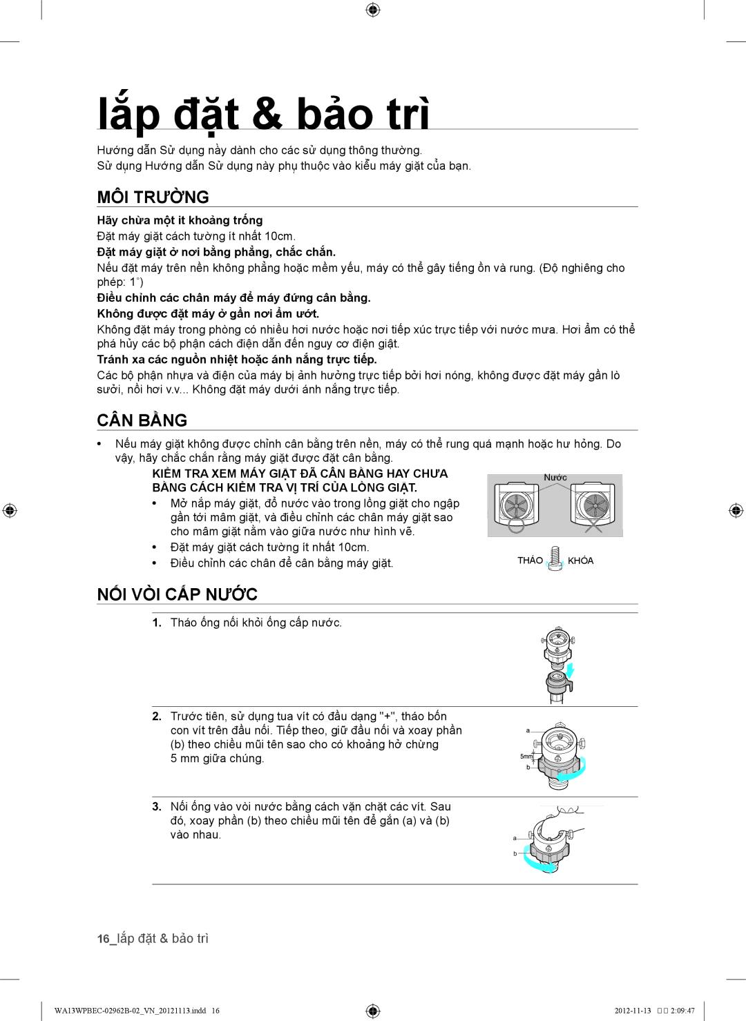 Samsung WA13WPBEC1/XSV, WA13WPBEC/XSV manual Lắ́p đặt & bảo trì, Môi trường, Cân bằng, Nối vòi cấp nước, 16lắp đặt & bảo trì 