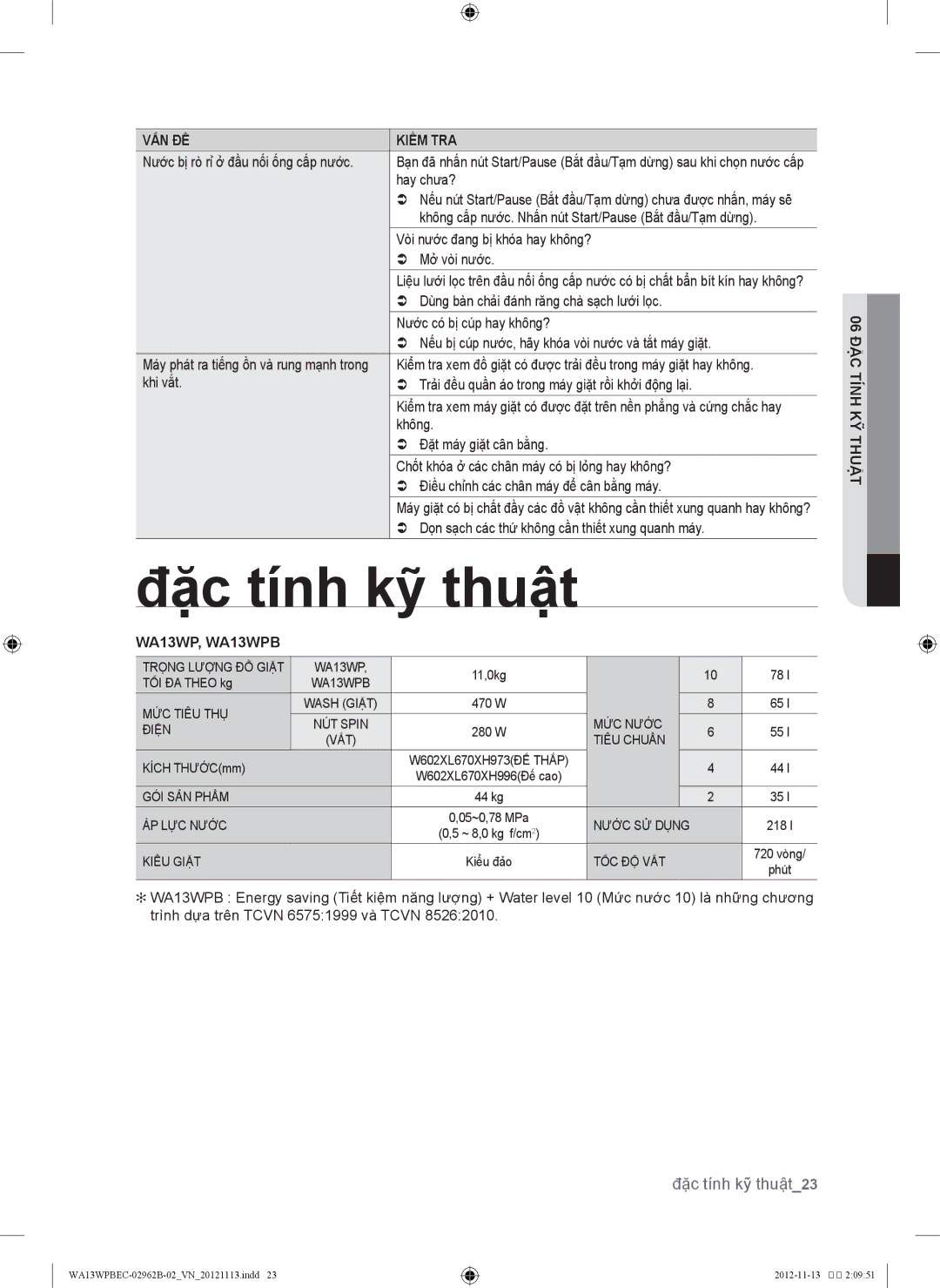 Samsung WA13WPBEC/XSV, WA13WPBEC1/XSV manual Đặc tính kỹ thuật23, WA13WP, WA13WPB, Tậ ỹthuk ínht cặđ 