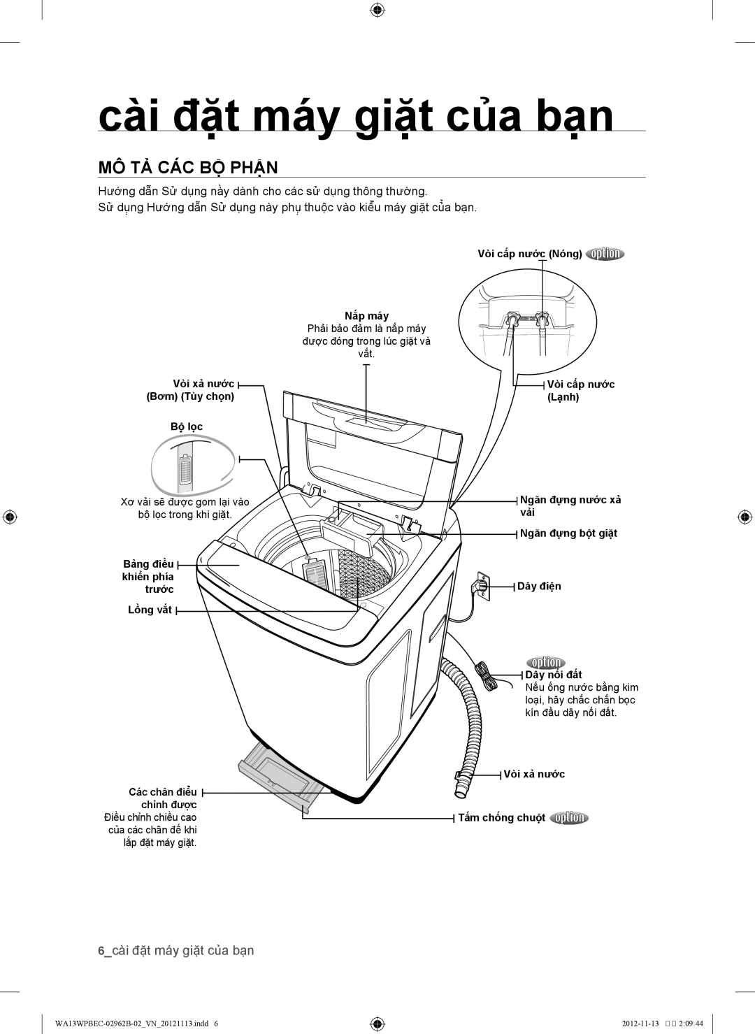 Samsung WA13WPBEC1/XSV, WA13WPBEC/XSV manual Cài đặt máy giặt của bạn, Mô tả các bộ phận, 6cài đặt máy giặt của bạn 