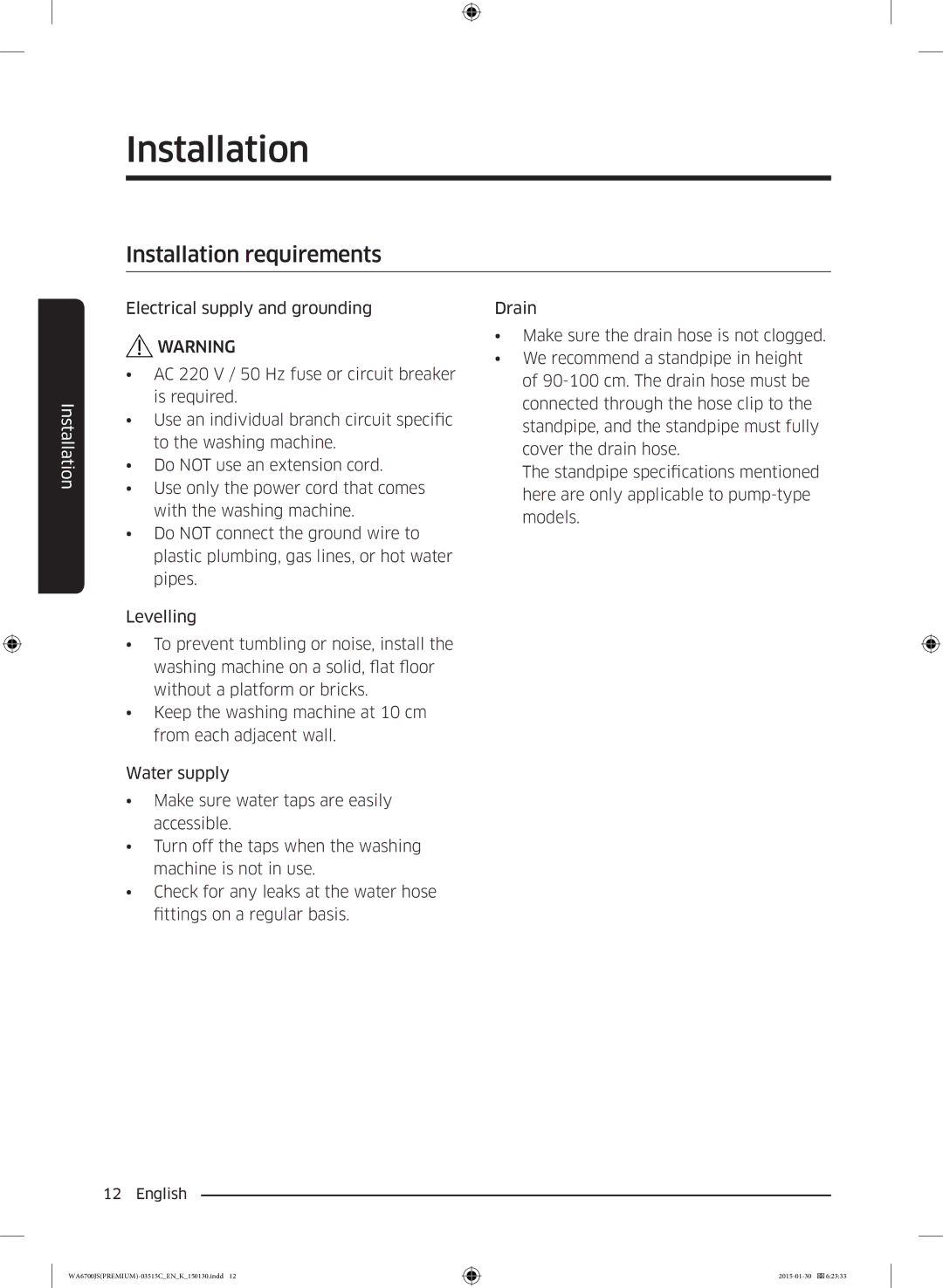 Samsung WA14J6750SP/SV, WA16J6750SP/SV manual Installation requirements 