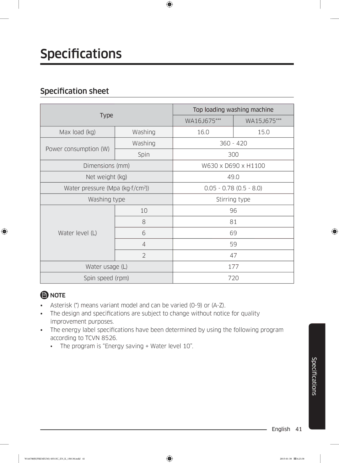 Samsung WA16J6750SP/SV, WA14J6750SP/SV manual Specifications, Specification sheet 