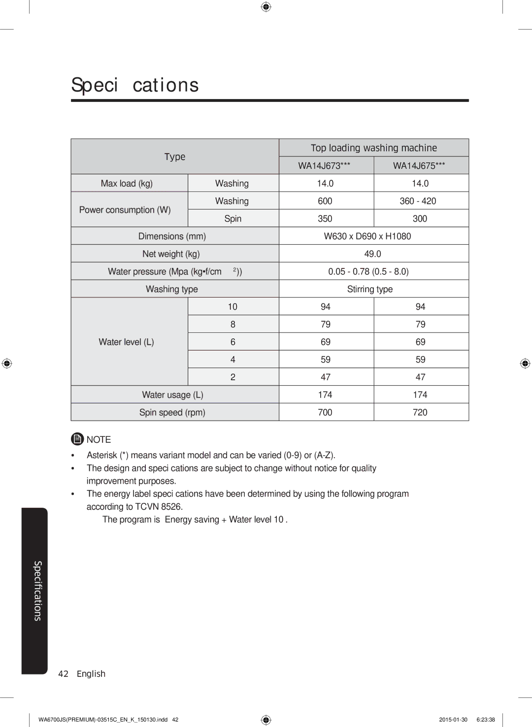 Samsung WA14J6750SP/SV, WA16J6750SP/SV manual FicationsSpeci 